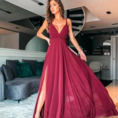 Burgundy v neck chiffon long prom dress with side split - Thumbnail 3