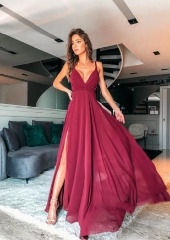 Burgundy V Neck Chiffon Long Prom Dress with Side Split