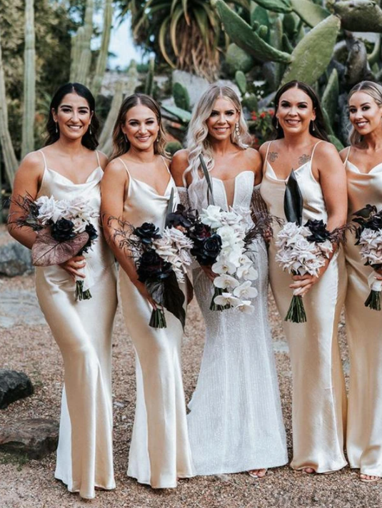 Spaghetti Straps Mermaid Champagne Formal Bridesmaid Dresses