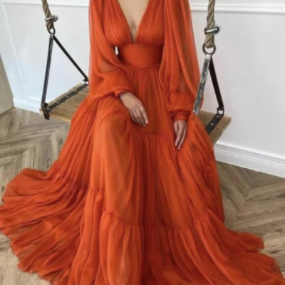 Long sleeves orange modest prom dresses sexy evening dress - Thumbnail 3