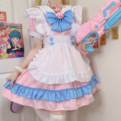 Plus Size Women Japanese Spring Summer Cute Sweet Soft Girl Cosplay Cat Neko Claw Bow White Apron Blue Pink Maid Dress