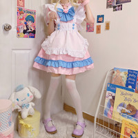 Plus Size Women Japanese Spring Summer Cute Sweet Soft Girl Cosplay Cat Neko Claw Bow White Apron Blue Pink Maid Dress - Thumbnail 3