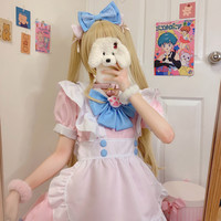 Plus Size Women Japanese Spring Summer Cute Sweet Soft Girl Cosplay Cat Neko Claw Bow White Apron Blue Pink Maid Dress - Thumbnail 6