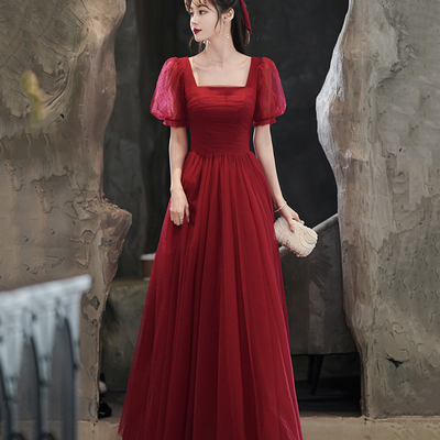 Burgundy tulle long a line prom dress evening dress - Thumbnail 3