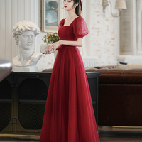 Burgundy tulle long A line prom dress evening dress - Thumbnail 2