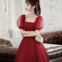 Burgundy tulle long A line prom dress evening dress - Thumbnail 3