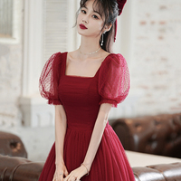 Burgundy tulle long A line prom dress evening dress - Thumbnail 4