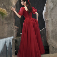 Burgundy tulle long A line prom dress evening dress - Thumbnail 5