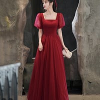 Burgundy tulle long A line prom dress evening dress - Thumbnail 6