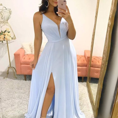 Simple v neck chiffon split light blue prom dresses - Thumbnail 3
