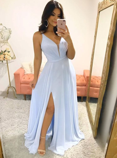 Simple V Neck Chiffon Split Light Blue Prom Dresses