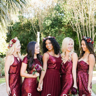A line sequins burgundy long bridesmaid dress prom dress - Thumbnail 3