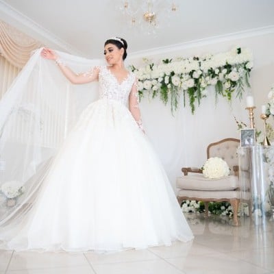 Exquisite ball gown sheer neck long sleeve white tulle wedding dresses with lace appliques - Thumbnail 1