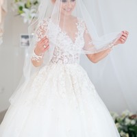 Exquisite Ball Gown Sheer Neck Long Sleeve White Tulle Wedding Dresses with Lace Appliques - Thumbnail 1