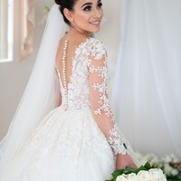 Exquisite Ball Gown Sheer Neck Long Sleeve White Tulle Wedding Dresses with Lace Appliques - Thumbnail 2