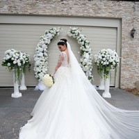 Exquisite Ball Gown Sheer Neck Long Sleeve White Tulle Wedding Dresses with Lace Appliques - Thumbnail 3