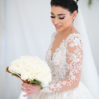 Exquisite Ball Gown Sheer Neck Long Sleeve White Tulle Wedding Dresses with Lace Appliques - Thumbnail 4