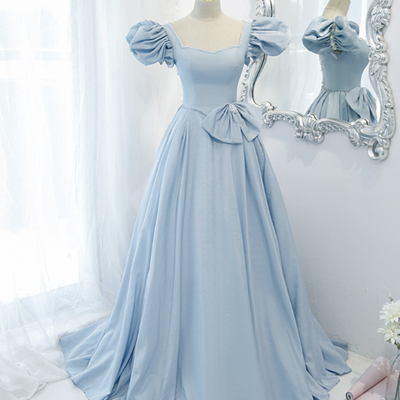 Blue saitn long a line prom dress blue evening dress - Thumbnail 3