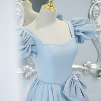 Blue saitn long A line prom dress blue evening dress - Thumbnail 1