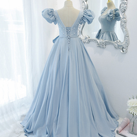 Blue saitn long A line prom dress blue evening dress - Thumbnail 2
