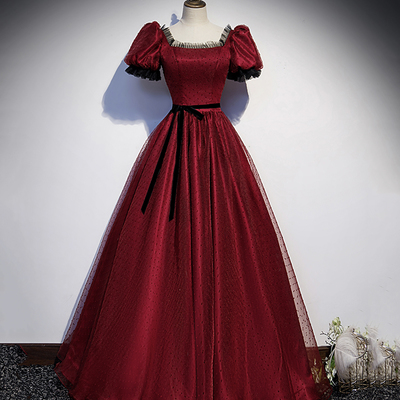 Burgundy tulle long a line prom dress evening dress - Thumbnail 5