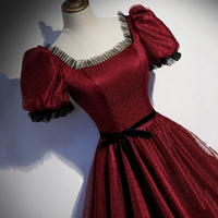 Burgundy tulle long A line prom dress evening dress - Thumbnail 1