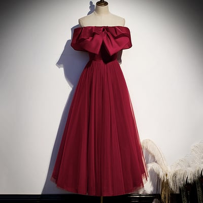 Burgundy tulle short a line prom dress party dress - Thumbnail 1