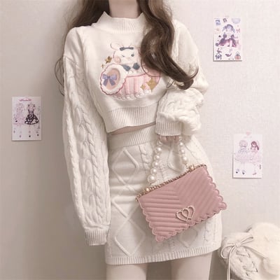 Japanese cute girl fashion fall autumn white bunny rabbit embroidery knit sweater skirt set - Thumbnail 5