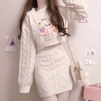 Japanese Cute Girl Fashion Fall Autumn White Bunny Rabbit Embroidery Knit Sweater Skirt Set - Thumbnail 2