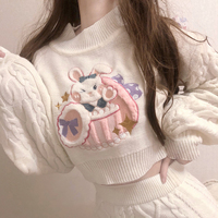 Japanese Cute Girl Fashion Fall Autumn White Bunny Rabbit Embroidery Knit Sweater Skirt Set - Thumbnail 3