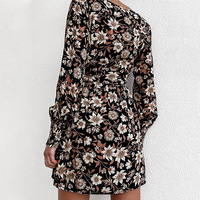 Sexy Floral V-Neck Long-Sleeved Hip Dress - Thumbnail 1