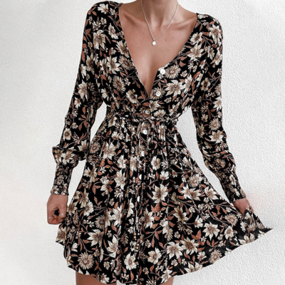 Sexy floral v-neck long-sleeved hip dress - Thumbnail 2