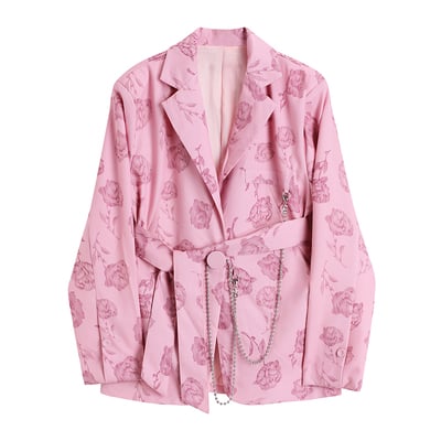 Chain metal rose pattern spring autumn fall winter fashion retro vintage classic pink jacket suit