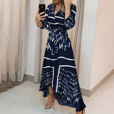 Elegant letter print long sleeve irregular dress - Thumbnail 3