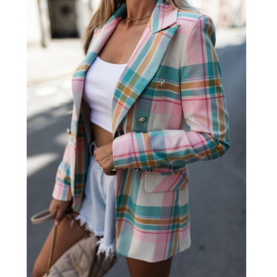 Slim long-sleeved plaid jacket