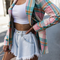Slim Long-Sleeved Plaid Jacket - Thumbnail 1