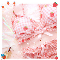 Strawberry Plaid Pattern Lace Bow Girl Sweet Japanese Student Bra Set Pink Panties Underwear Lingerie - Thumbnail 4