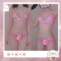Strawberry Plaid Pattern Lace Bow Girl Sweet Japanese Student Bra Set Pink Panties Underwear Lingerie - Thumbnail 7