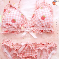 Strawberry Plaid Pattern Lace Bow Girl Sweet Japanese Student Bra Set Pink Panties Underwear Lingerie - Thumbnail 5