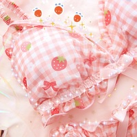 Strawberry Plaid Pattern Lace Bow Girl Sweet Japanese Student Bra Set Pink Panties Underwear Lingerie - Thumbnail 6