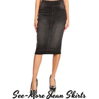 Classic Comfort Black Mid Length Denim Skirt - Thumbnail 2