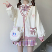 Japanese Cute Girl Student Spring Summer Autumn Fall Winter Fashion Angel Star Symbol Blue Pink Stripe White Sweater Cardigan - Thumbnail 3