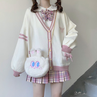 Japanese Cute Girl Student Spring Summer Autumn Fall Winter Fashion Angel Star Symbol Blue Pink Stripe White Sweater Cardigan - Thumbnail 1