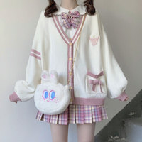 Japanese Cute Girl Student Spring Summer Autumn Fall Winter Fashion Angel Star Symbol Blue Pink Stripe White Sweater Cardigan - Thumbnail 6