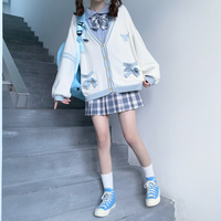Japanese Cute Girl Student Spring Summer Autumn Fall Winter Fashion Angel Star Symbol Blue Pink Stripe White Sweater Cardigan - Thumbnail 2