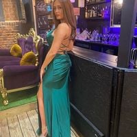 Sexy Mermaid V Neck Spaghetti Straps Cross Back Green Satin Long Prom Evening Dresses with Slit - Thumbnail 2