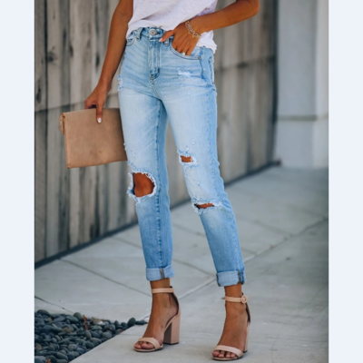 Fashion women's ripped high waist stretch slim denim pants