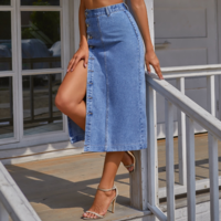 Button Irregular Slit Denim High Waist Skirt - Thumbnail 1
