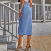 Button Irregular Slit Denim High Waist Skirt - Thumbnail 3