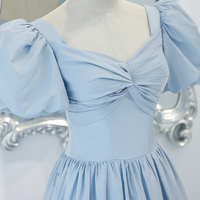 Blue satin long A line prom dress blue evening dress - Thumbnail 1